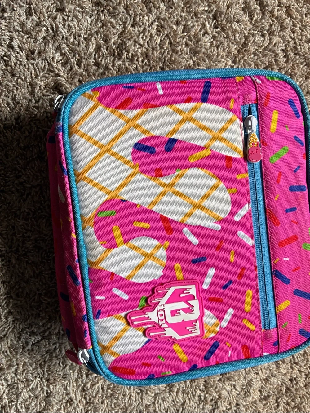 Kids Pink Sprinkle Ice Cream-Themed Lunch Bag with Blue Trim
